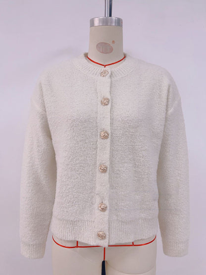 Suéter de color sólido, suéter de punto de moda, cuello redondo, cárdigan con botones, chaqueta, suéter 