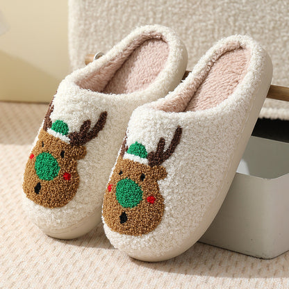 Pantuflas navideñas de algodón con estampado de alce para interiores y exteriores, cálidas y de felpa. 