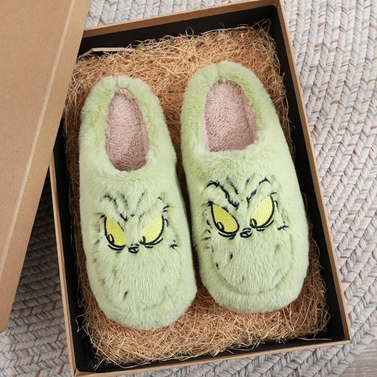 Pantuflas navideñas de algodón para hombre y mujer, pantuflas cálidas de invierno con pelo verde para interior. 