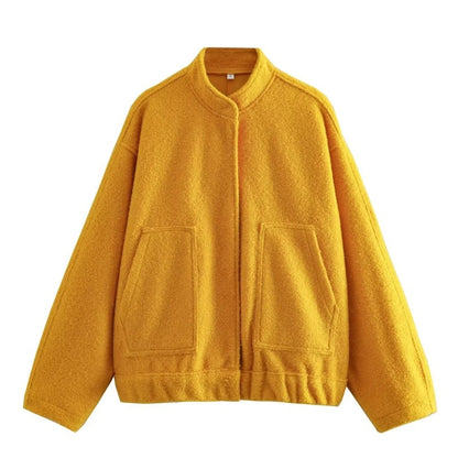Chaqueta informal holgada estilo urbano Y2K con cuello alto y botones ocultos 