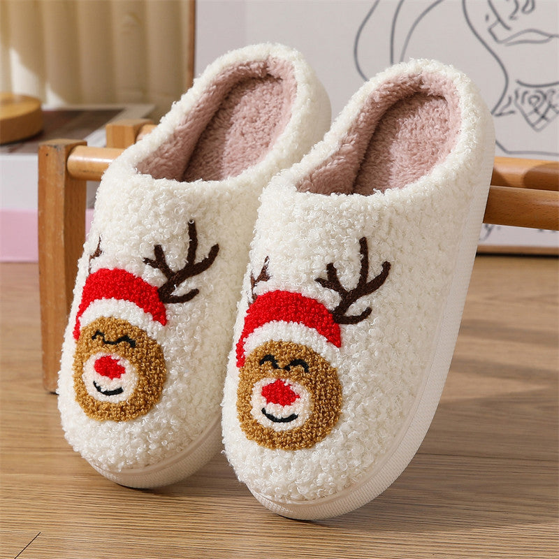 Pantuflas navideñas de algodón con estampado de ciervos navideños para interiores y exteriores, pantuflas cálidas de felpa. 