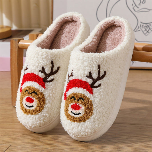 Pantuflas navideñas de algodón con estampado de ciervos navideños para interiores y exteriores, pantuflas cálidas de felpa. 