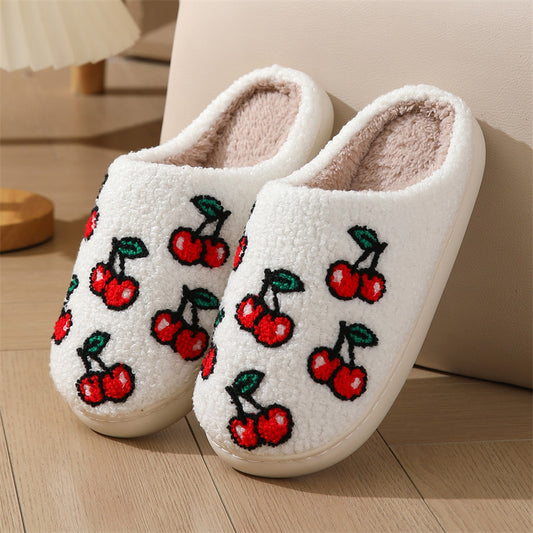 Pantuflas de algodón con estampado de cerezas para interiores y exteriores, cálidas y de felpa. 